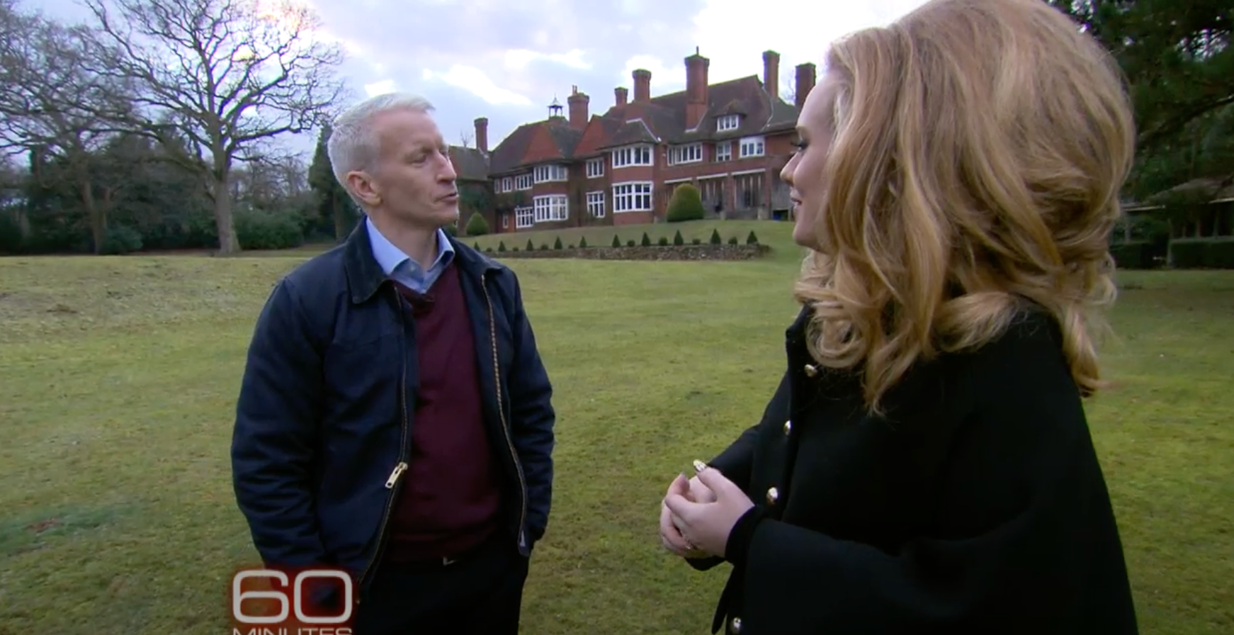 Adele with CBS interviewer Anderson Cooper outside Lock House