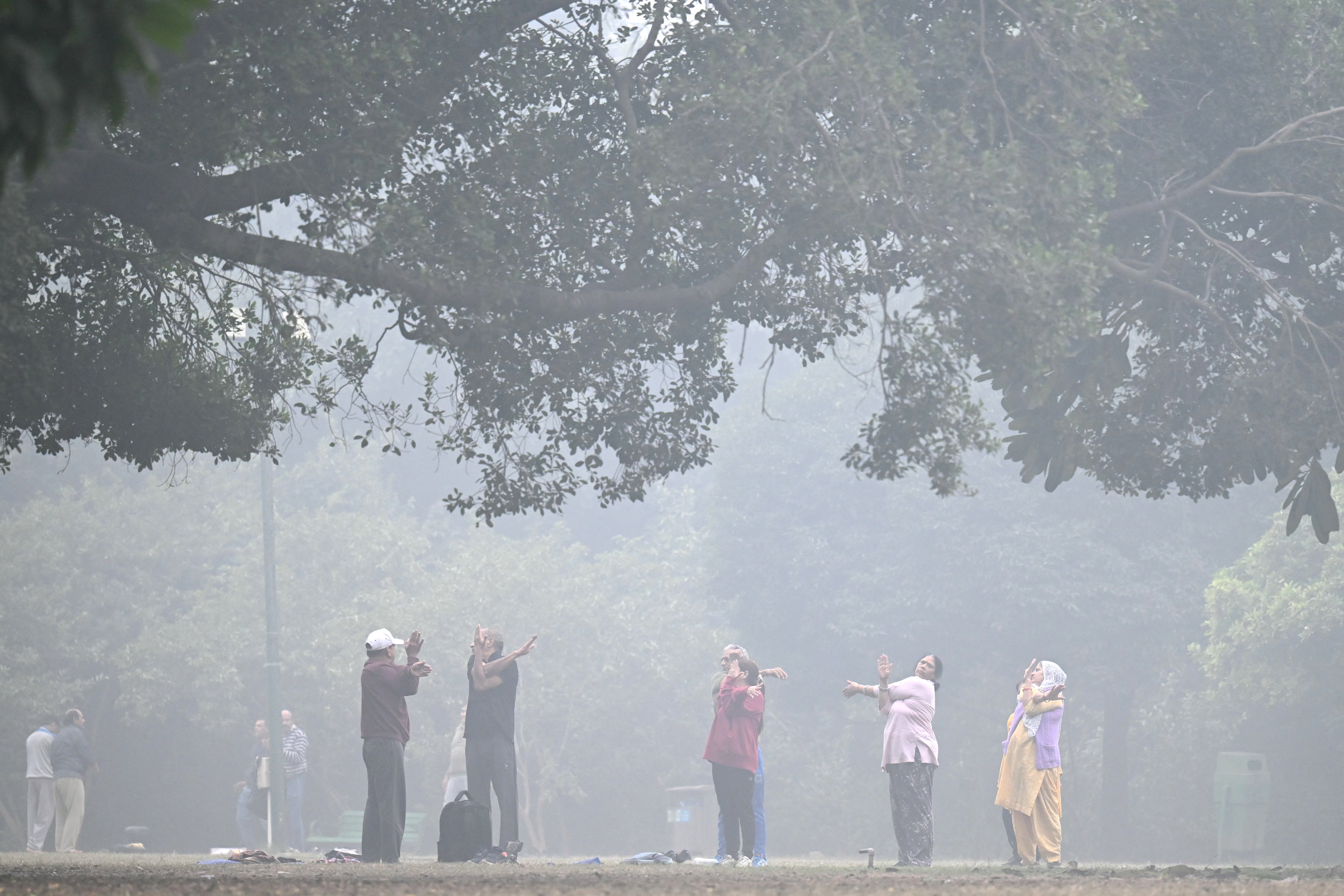 People exercise at Lodhi gardens on a cold smoggy morning in New Delhi