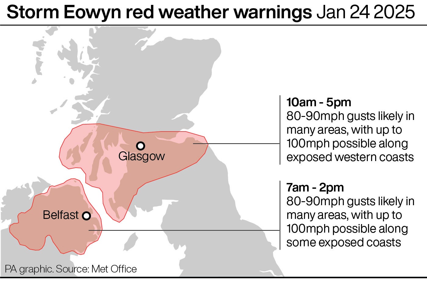 Red weather warnings in place on Friday 24 January (PA Graphics)