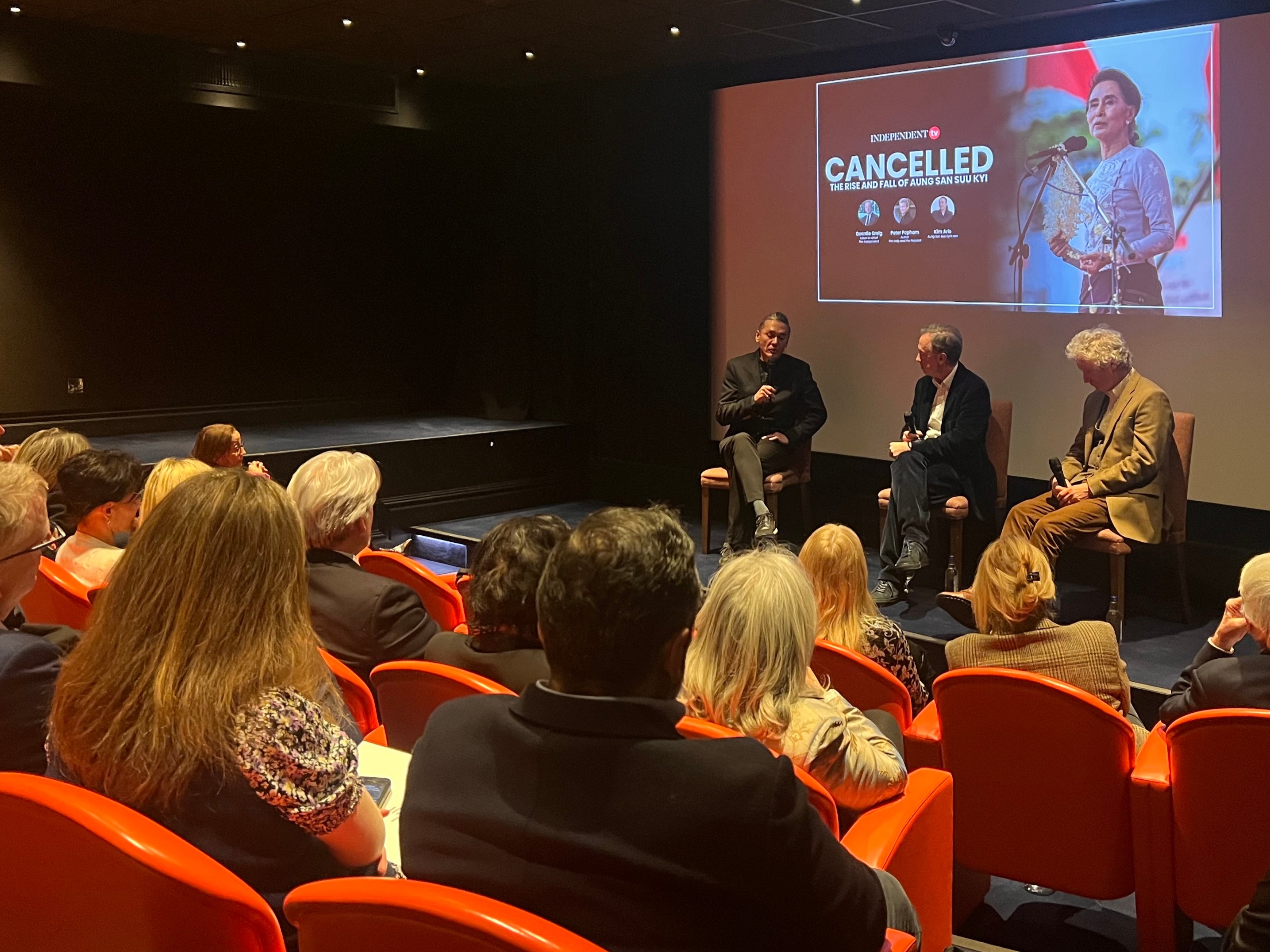 Screening of Cancelled: The Rise and Fall of Aung San Suu Kyi with (left to right) her son Kim Aris, Independent editor-in-chief Geordie Greig and journalist Peter Popham