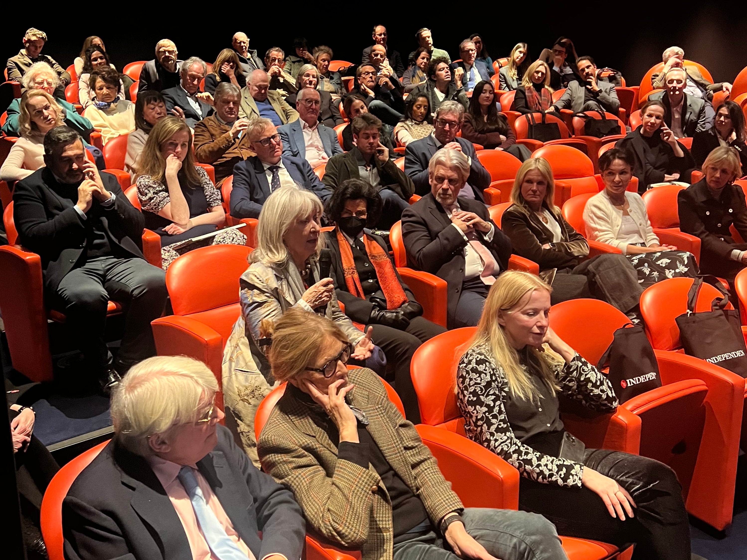 Bianca jagger listens to Helena Kennedy at the screening of the Independent documentary Cancelled: The rise and fall of Aung San Suu Kyi