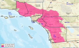 National Weather Service map shows parts of southern California under red flag warnings