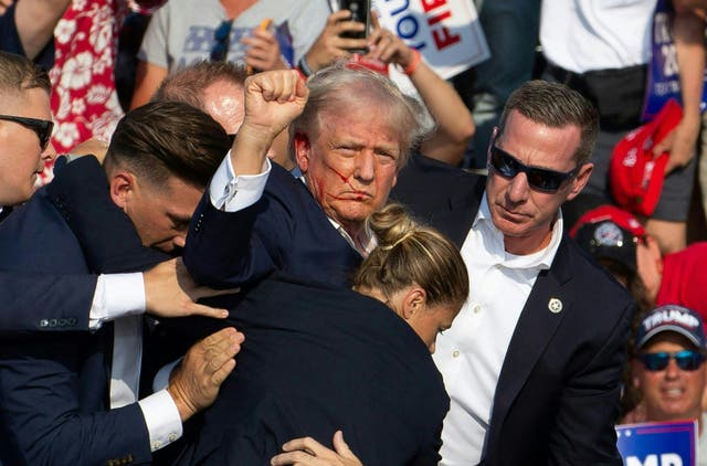 <p>Trump immediately after the assassination attempt during last year’s presidential campaign </p>