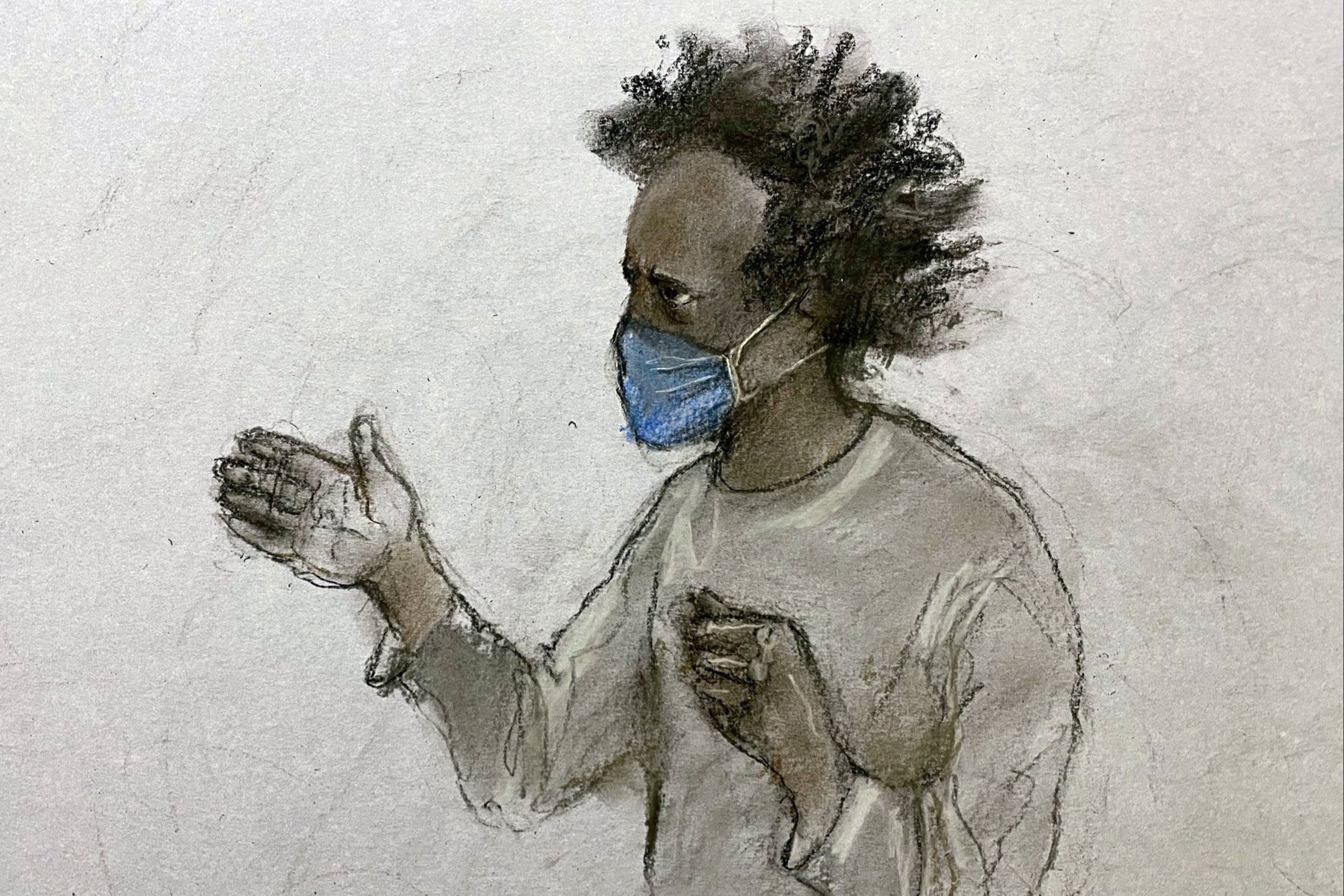 Court artist sketch of Rudakubana shouting from the dock