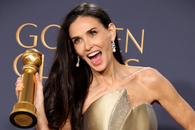 <p>Demi Moore with her Golden Globe for Best Female Actor (Musical or Comedy) for ‘The Substance’, January 2025</p>