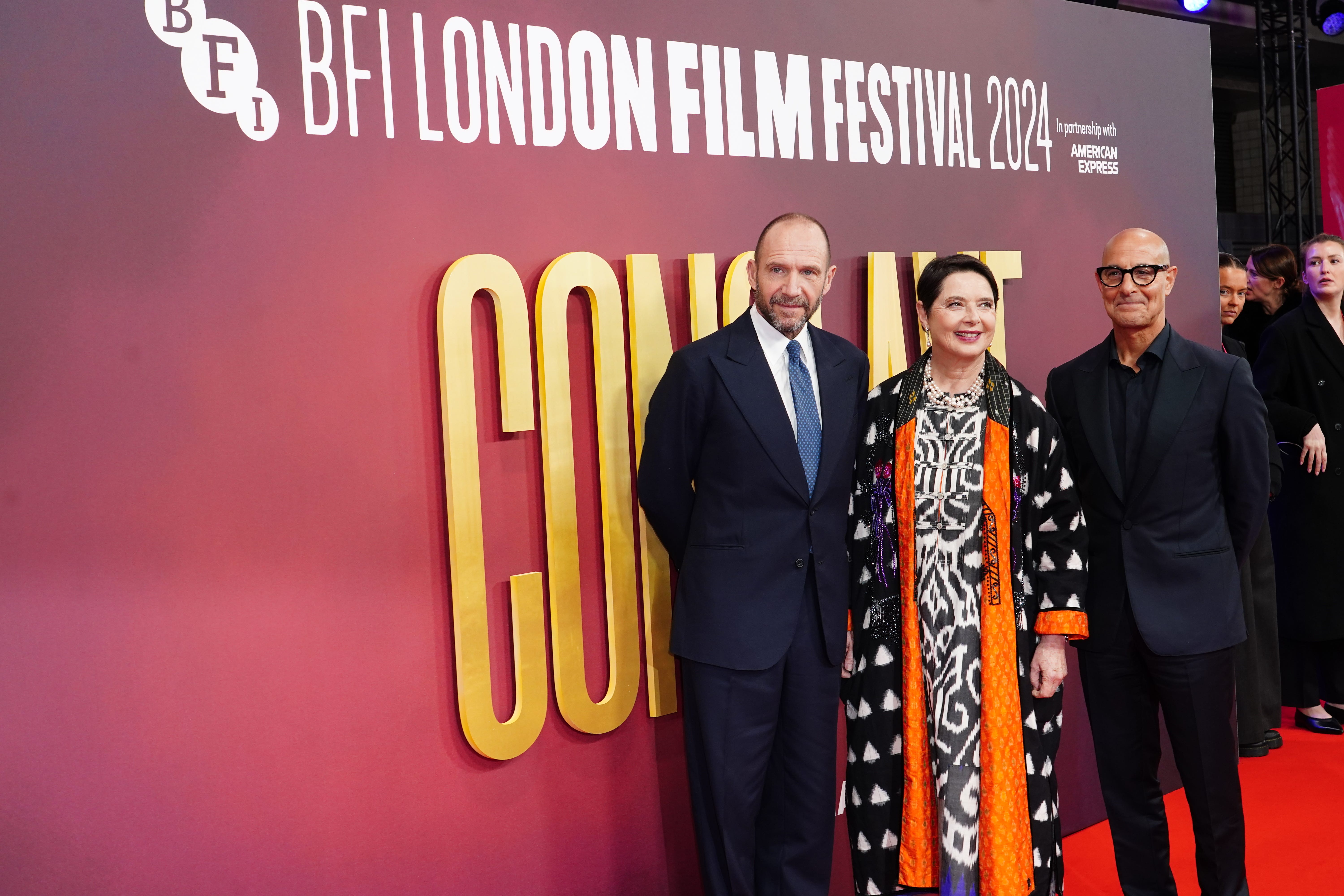 Ralph Fiennes, Isabella Rossellini and Stanley Tucci attends the BFI London Film Festival gala screening of Conclave (Ian West/PA)