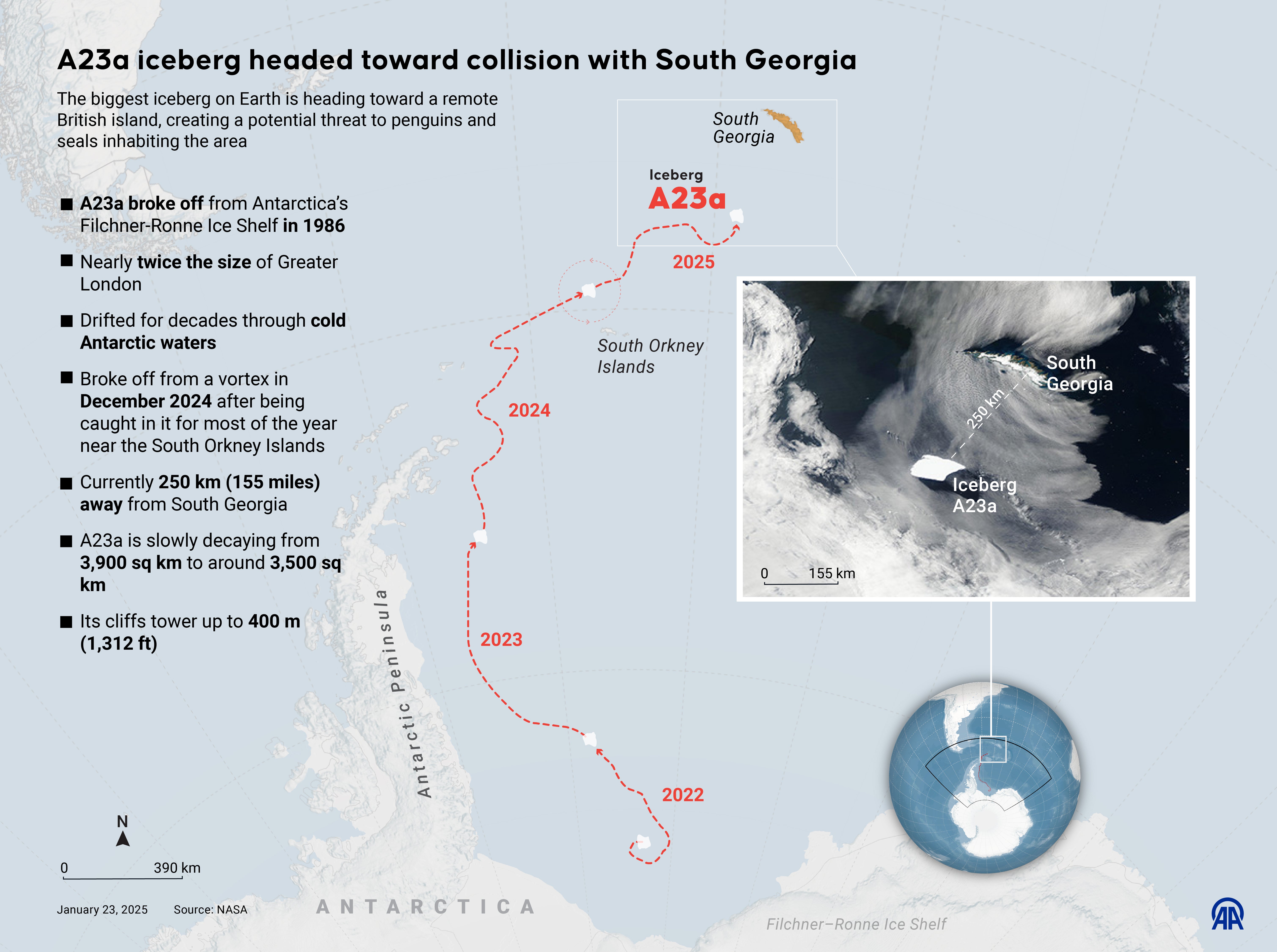 A map revealing the A23a iceberg headed toward collision with South Georgia