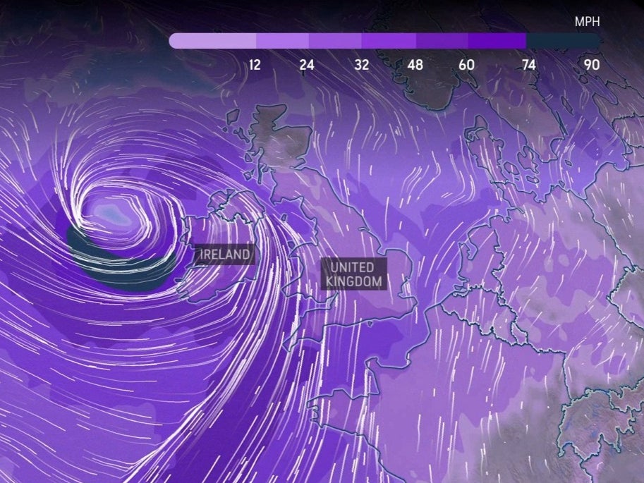 A map of the UK with darker areas indicating stronger winds