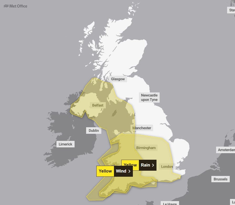 Cuaca kuning akibat angin kencang terjadi di Wales, Irlandia Utara, dan sebagian barat daya Inggris pada hari Minggu