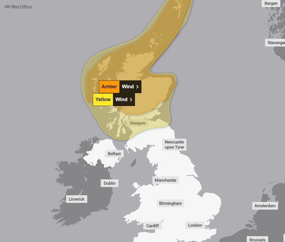An amber and yellow weather warning are in place for Scotland on Saturday