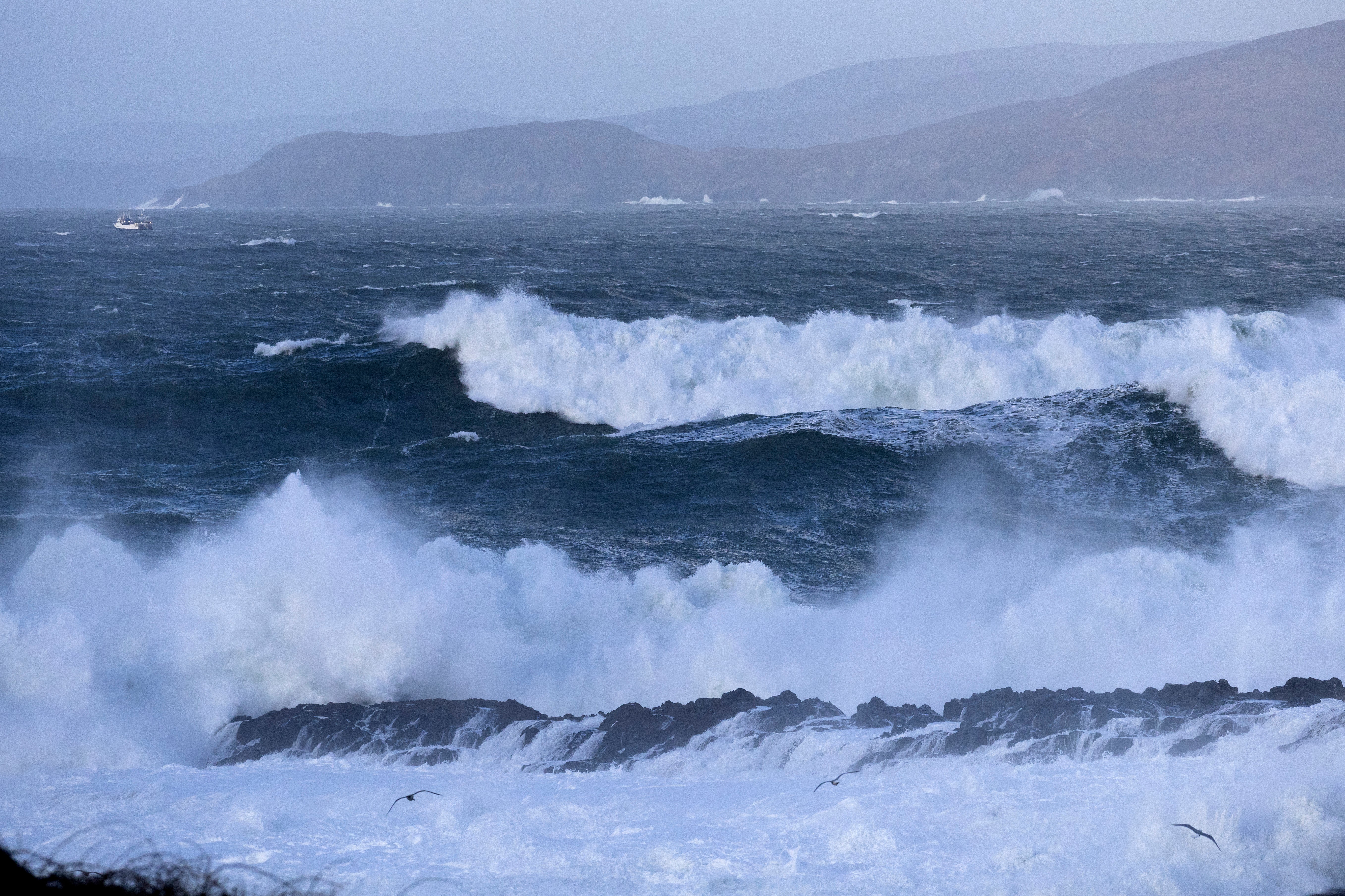 Waves crash onto the shore in Bantry Bay, on the south-west coast of Ireland