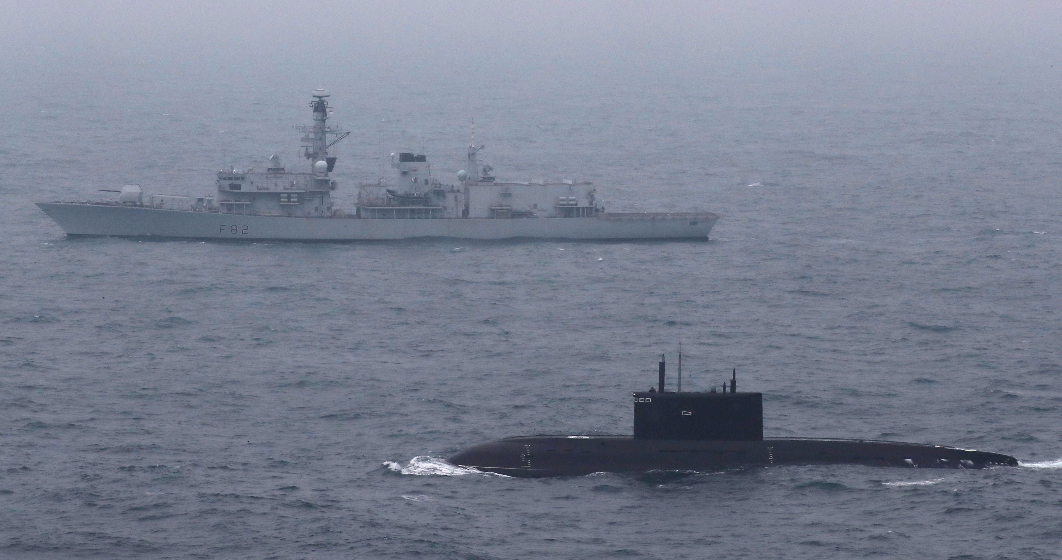 HMS Somerset escorting a Russian submarine through the English Channel