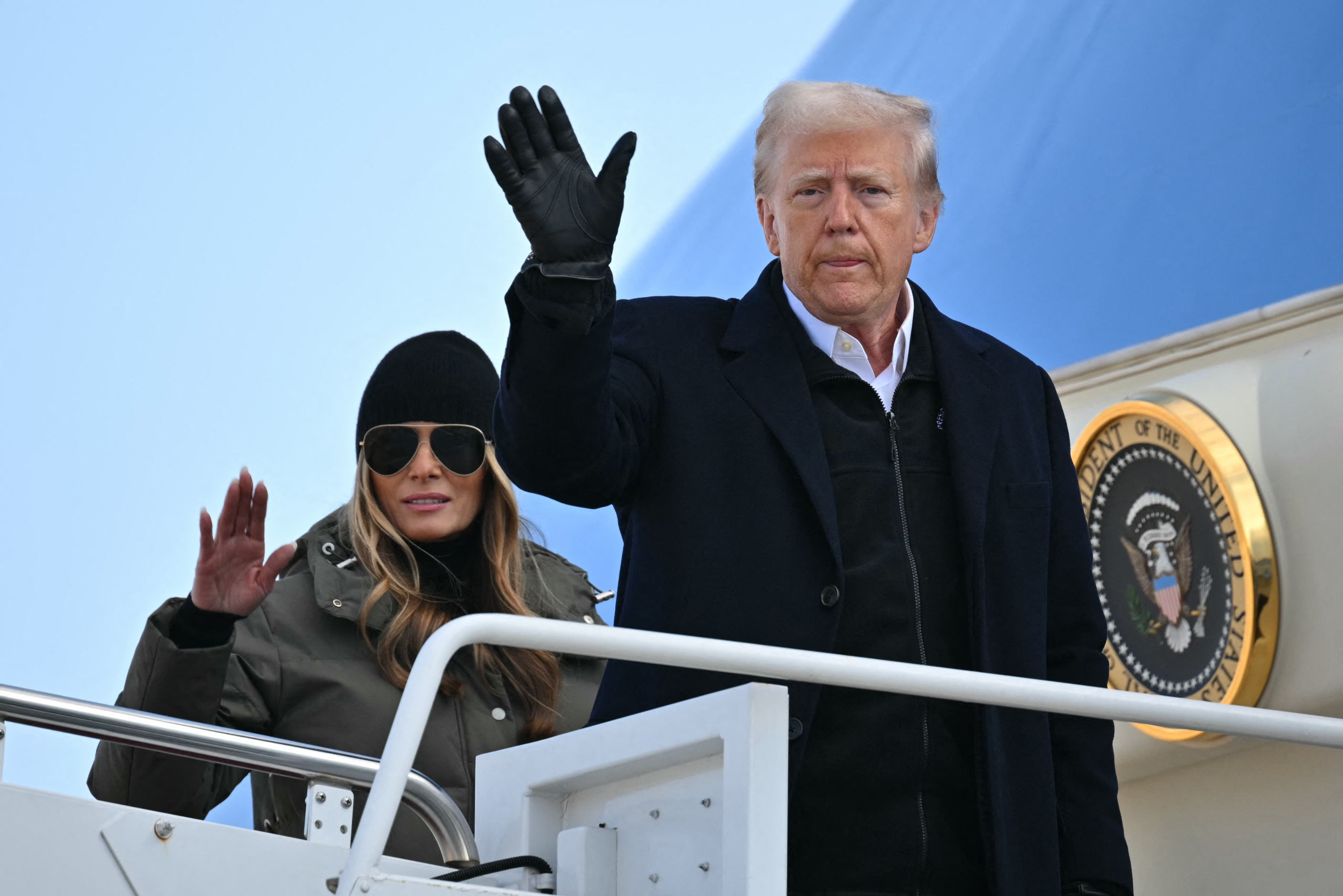 President Donald Trump and First Lady Melania Trump board Air Force One at Joint Base Andrews in Maryland on January 24, 2025