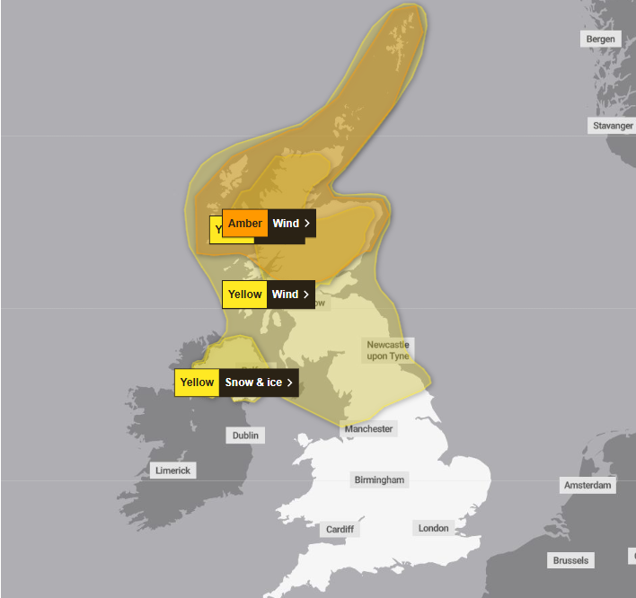 A large yellow warning for wind and a yellow snow warning in Scotland will both be lifted at 11:59pm on Friday