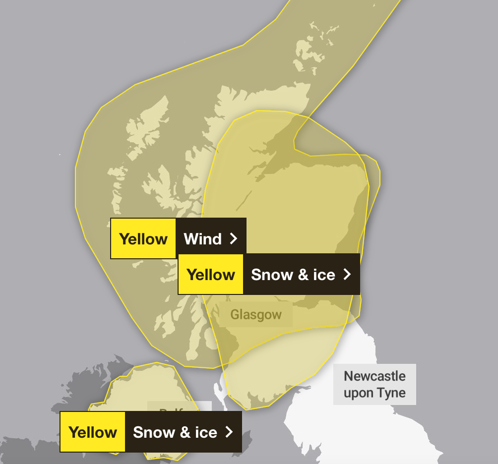 All of Scotland and Northern Ireland are subject to weather warnings on Saturday