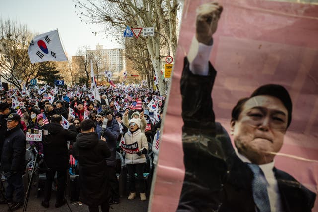 <p>Supporters of South Korea’s impeached president Yoon Suk Yeol attend a rally in Seoul</p>