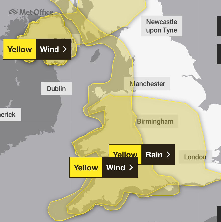 A host of weather warnings are in force on Sunday