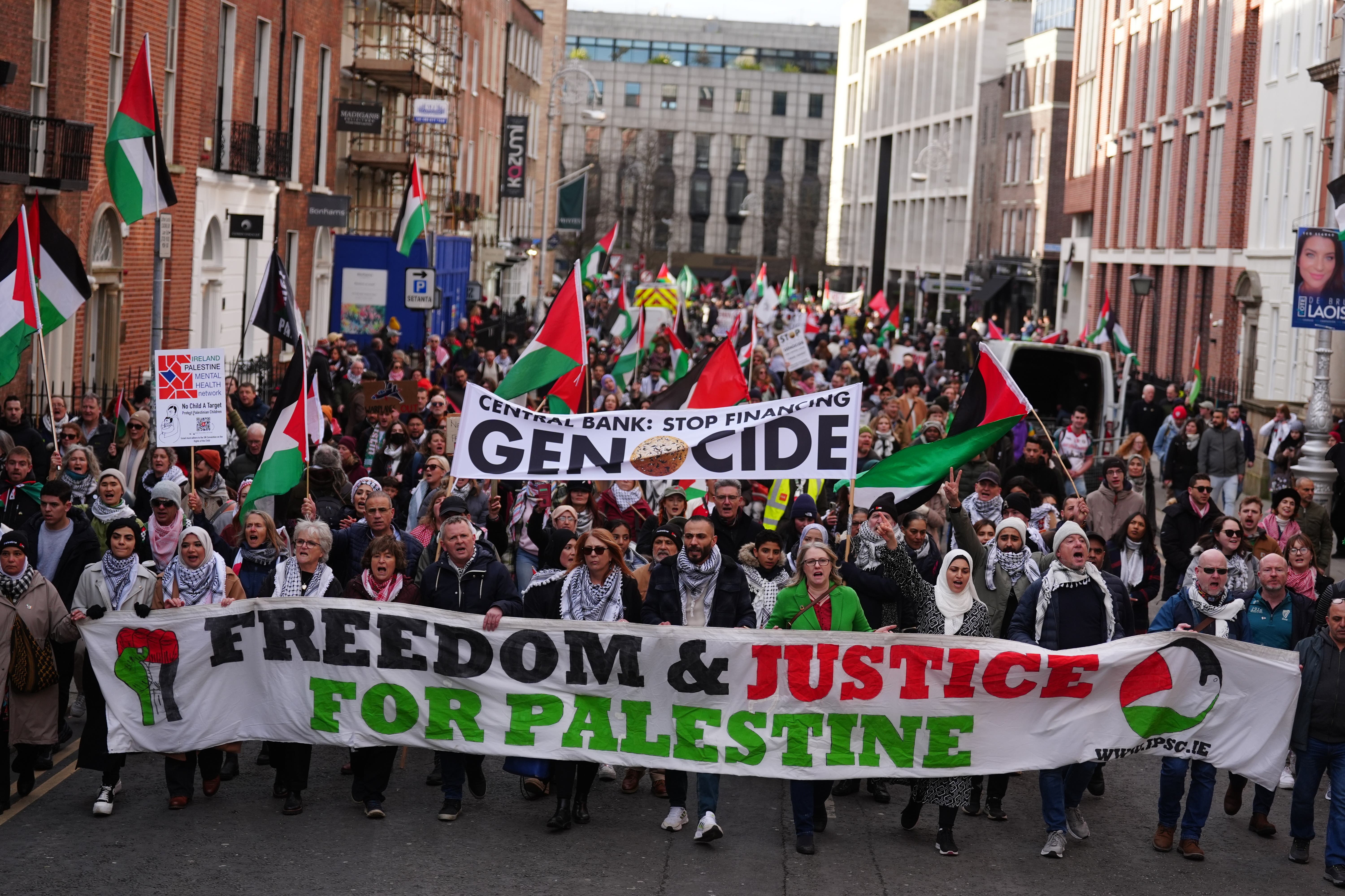 People take part in a national march for Palestine, supported by more than 150 Irish civil society groups, in Dublin. (Brian Lawless/PA)