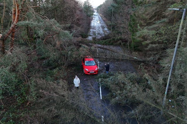 A car sits in Tryst Road in Larbert surrounded by fallen trees after Storm Eowyn. (Andrew Milligan/PA)