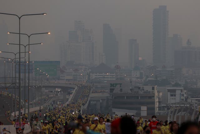 <p>People attend a running event on the newly constructed cable-stayed Rama X Bridge or ‘Thotsamarachan Bridge’ across the Chao Phraya River in Bangkok</p>
