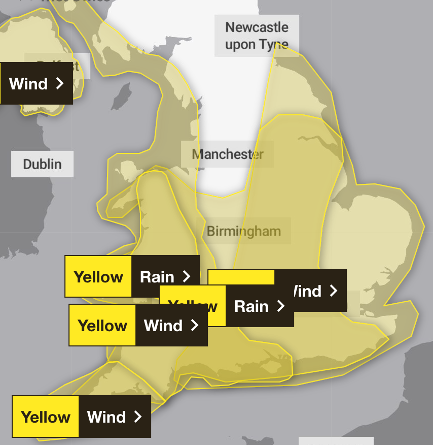 A host of weather warnings are in force on Sunday in southern parts of the UK