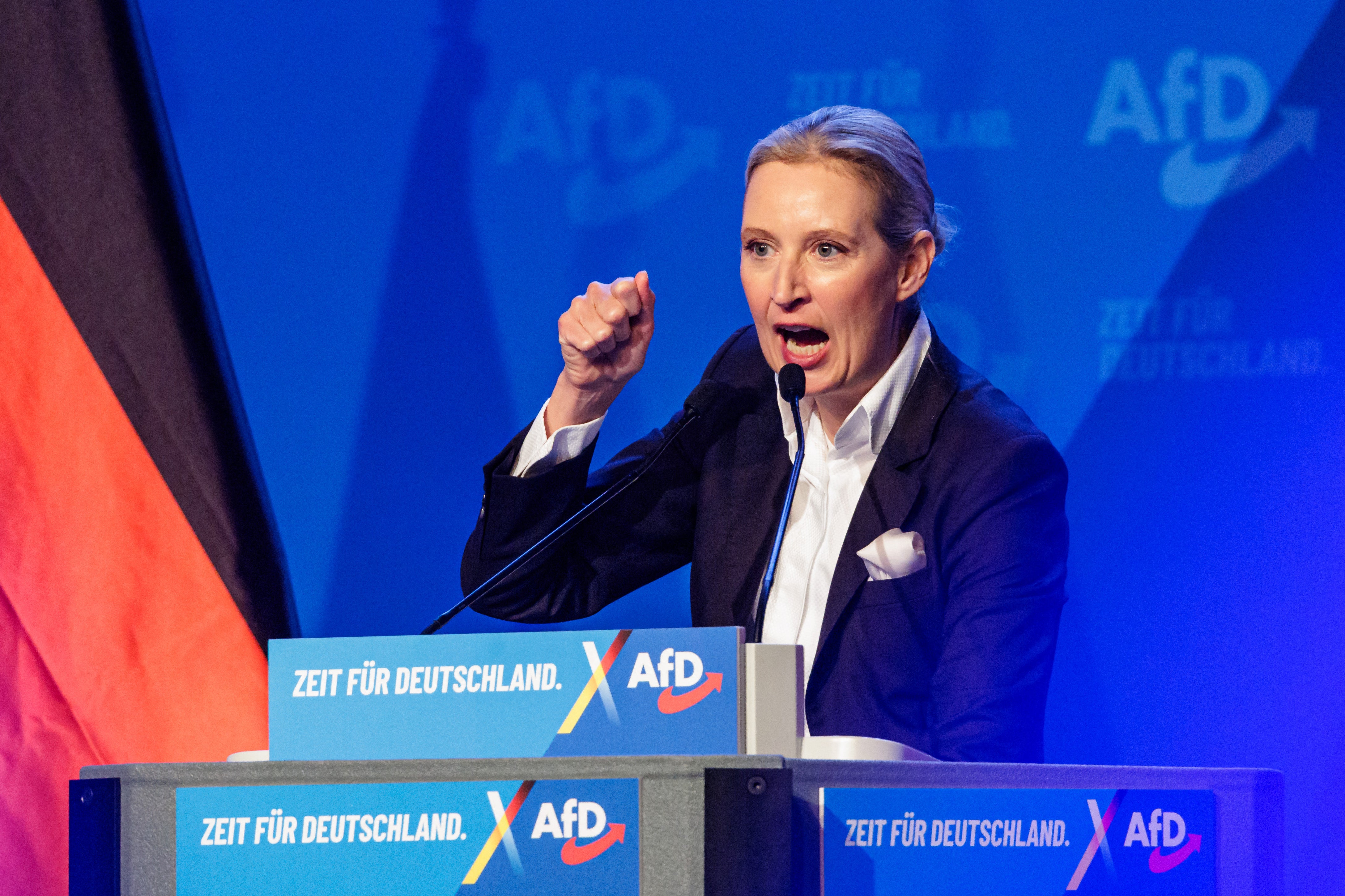 Alice Weidel, co-leader of Germany's far-right AfD party, addresses the election campaign rally in Halle, eastern Germany, on Saturday