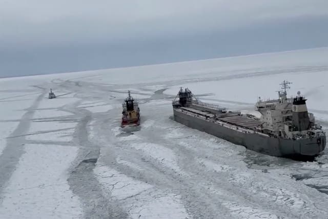 <p>A frozen freighter is on the move after getting stuck for days in ice on Lake Erie </p>