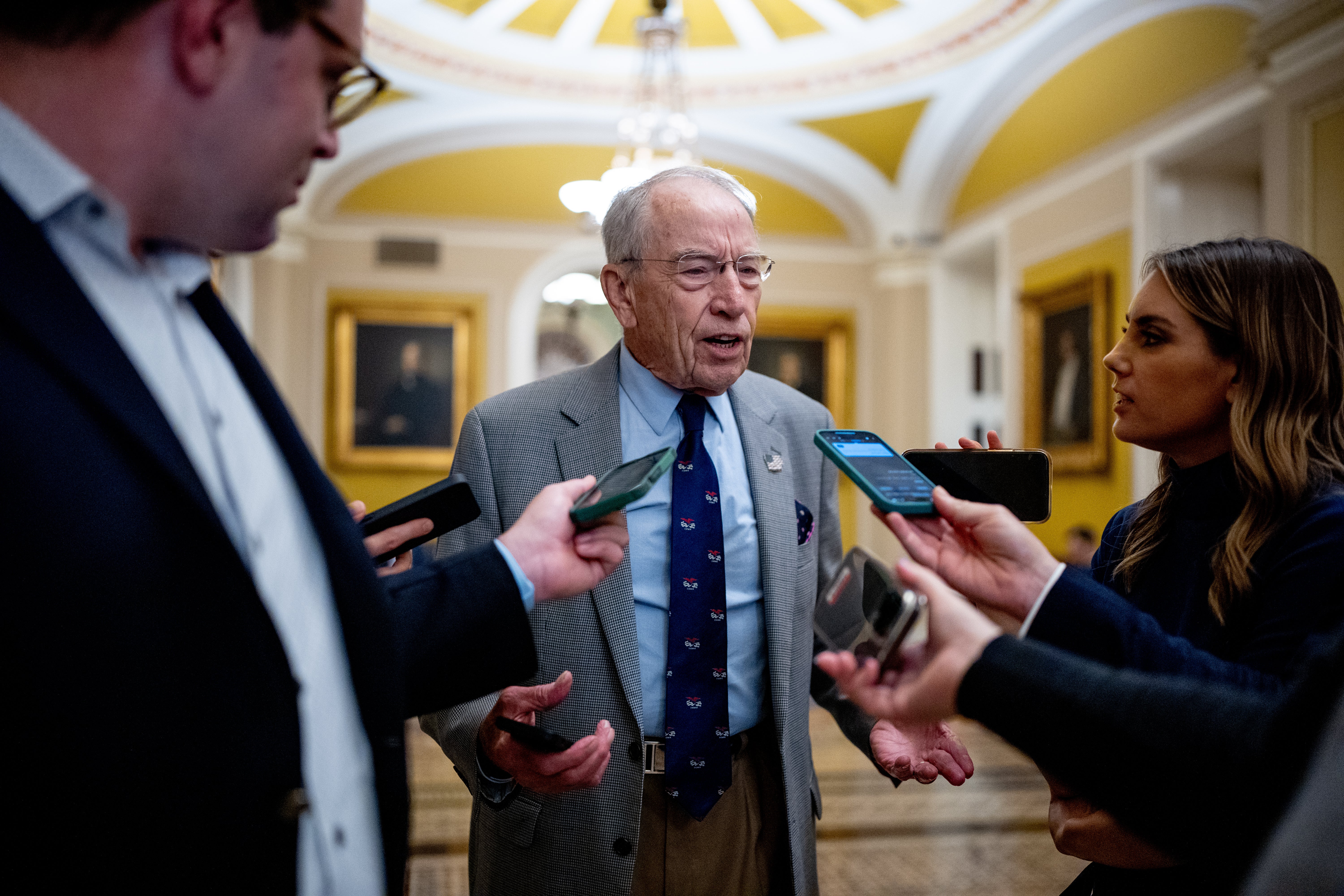 Sen. Chuck Grassley (R-IA) speaks with reporters on Capitol Hill on June 11, 2024. Grassley and other Republicans are now asking questions about President Donald Trump’s firing of inspectors general