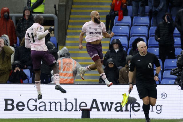 Brentford’s Bryan Mbeumo celebrates scoring their side’s first goal of the game after the penalty was retaken during the Premier League match at Selhurst Park, London. Picture date: Sunday January 26, 2025.