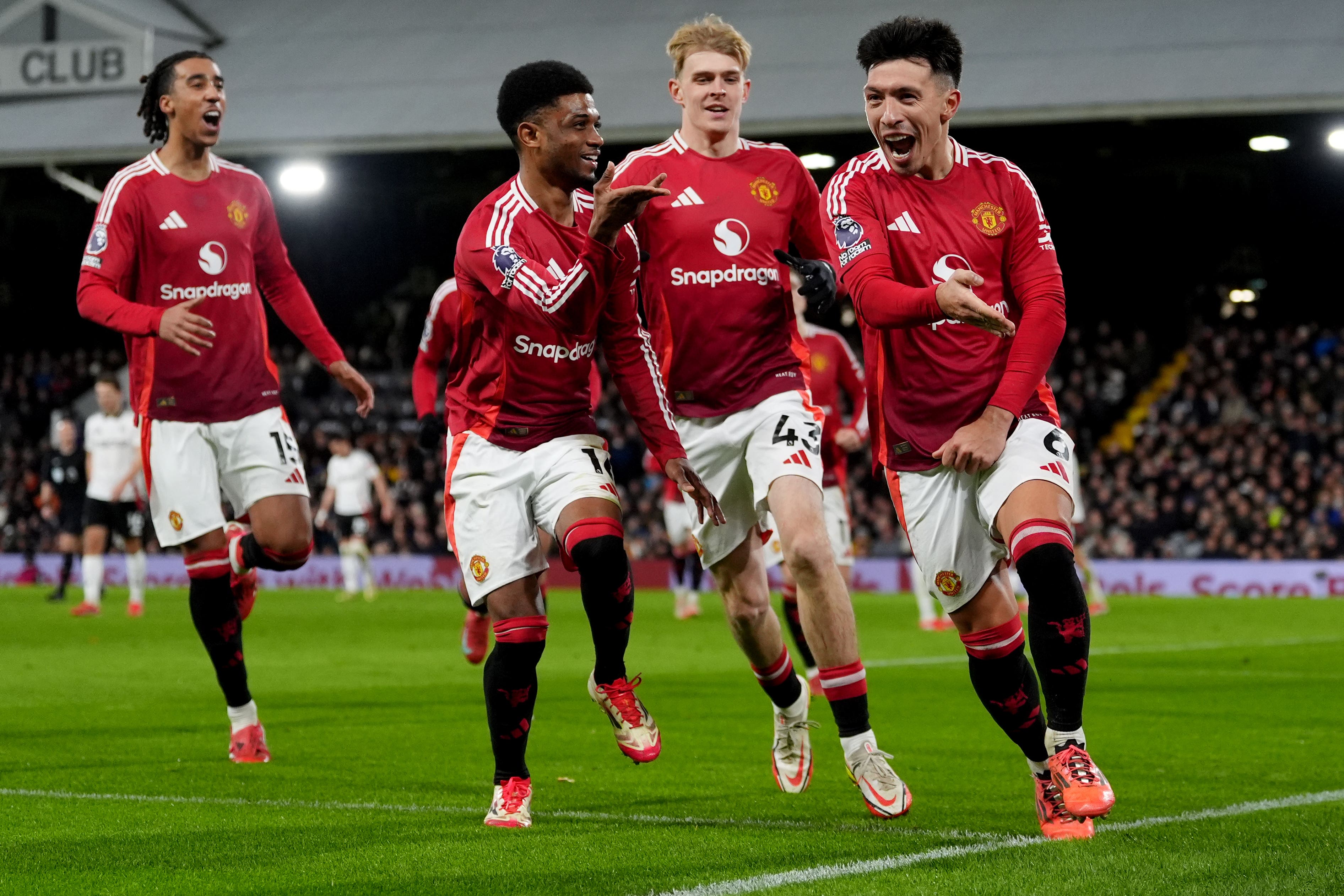 Lisandro Martinez celebrates his goal for Manchester United at Fulham