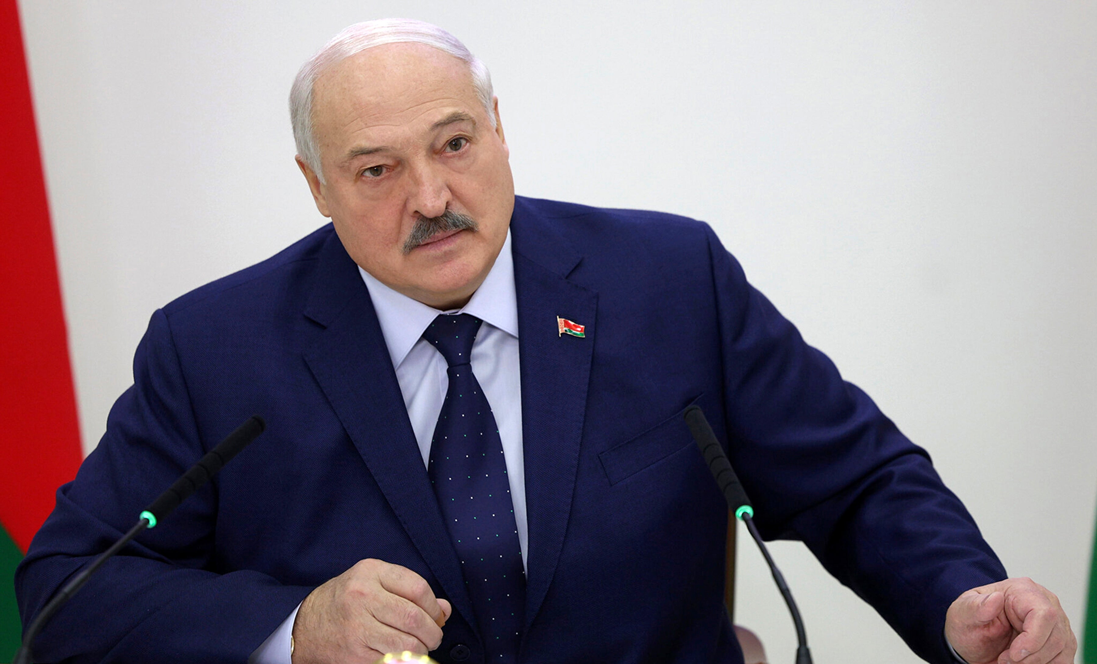 Belarusian president Alexander Lukashenko attending a press conference after he votes in the presidential elections