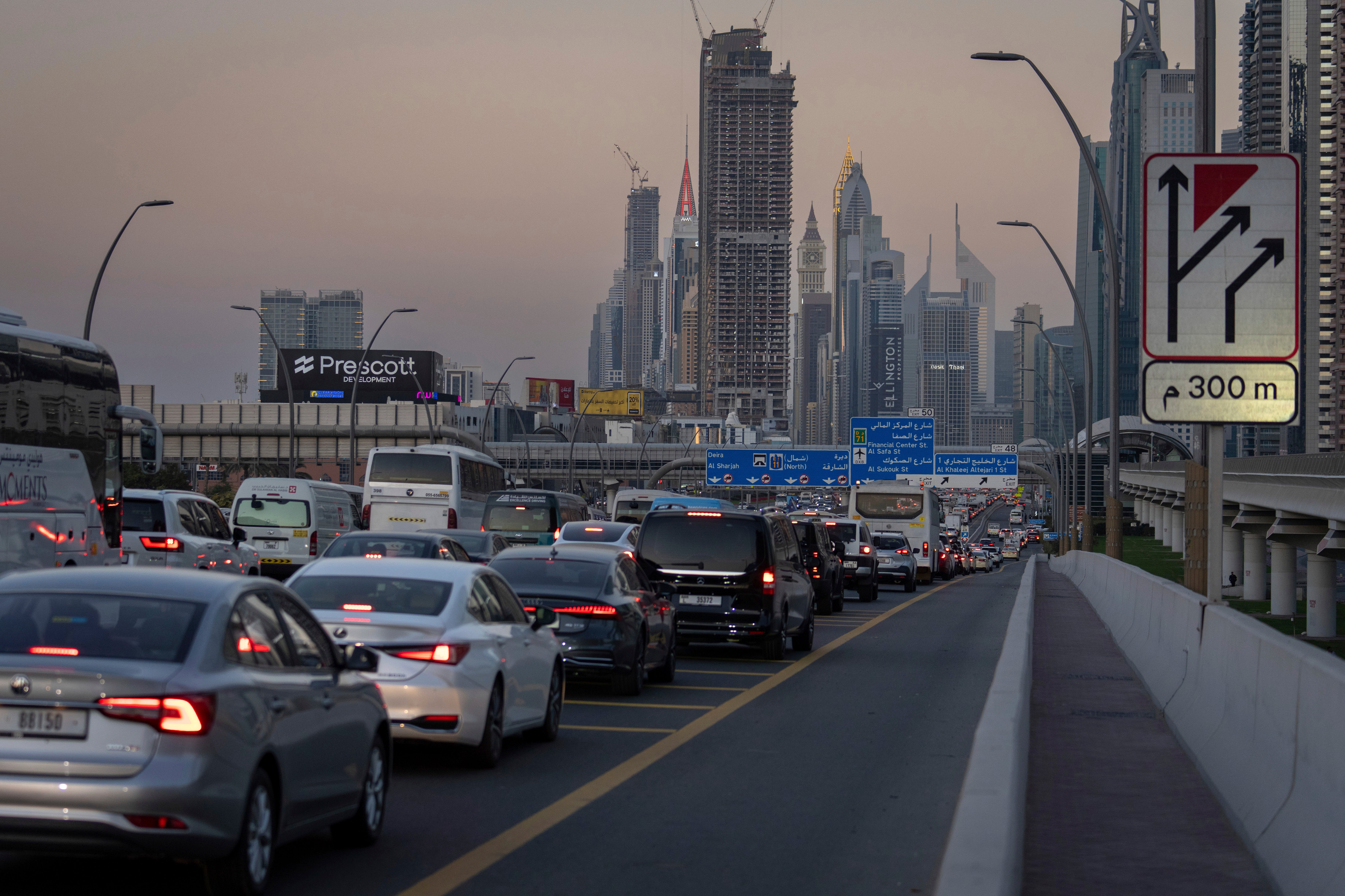 Vehicles crawl through the Sheikh Zayed Road during rush hour