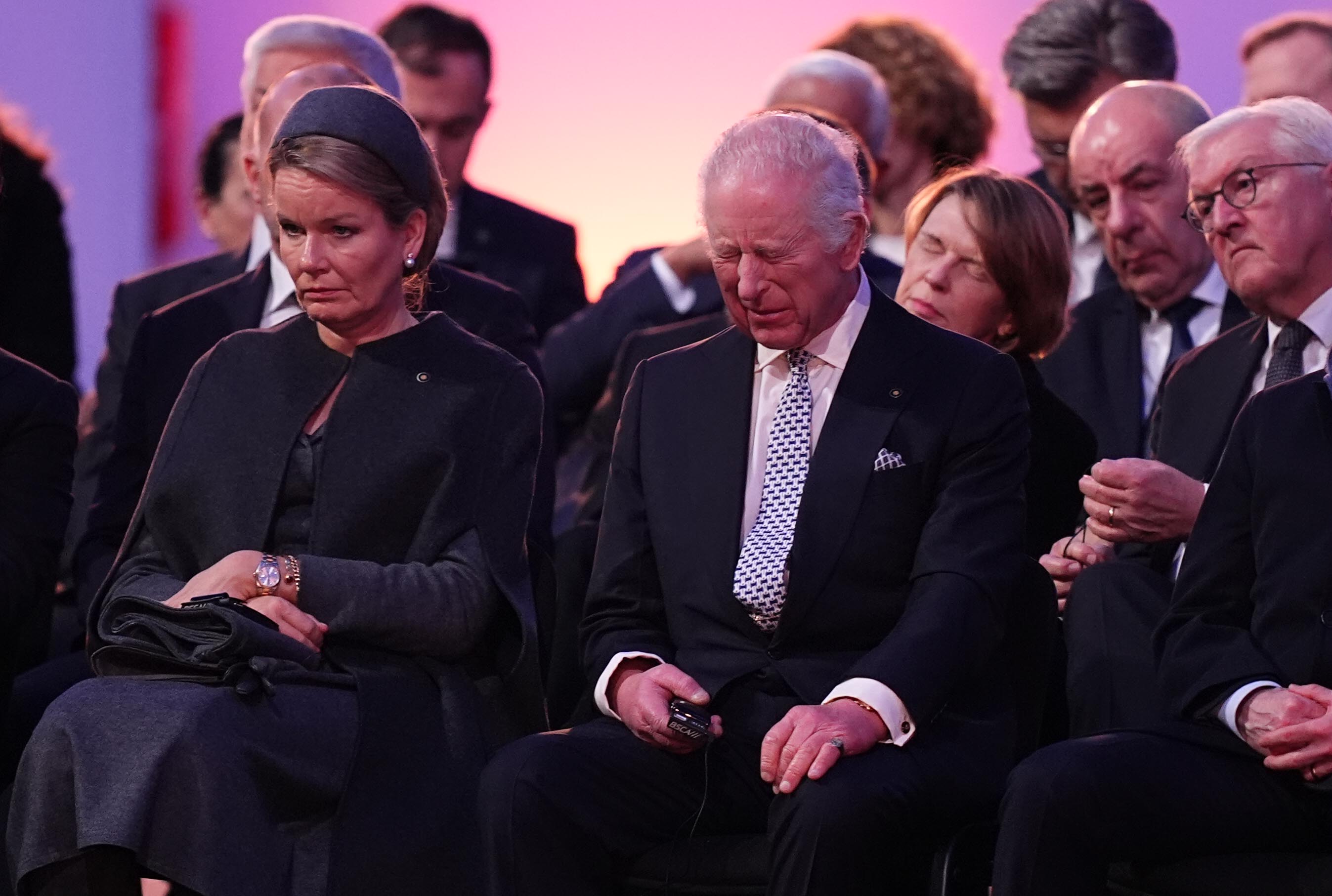 King Charles listens to a survivor as they speak during commemorations at Auschwitz-Birkenau in Poland to mark 80 years since the liberation of the concentration camp