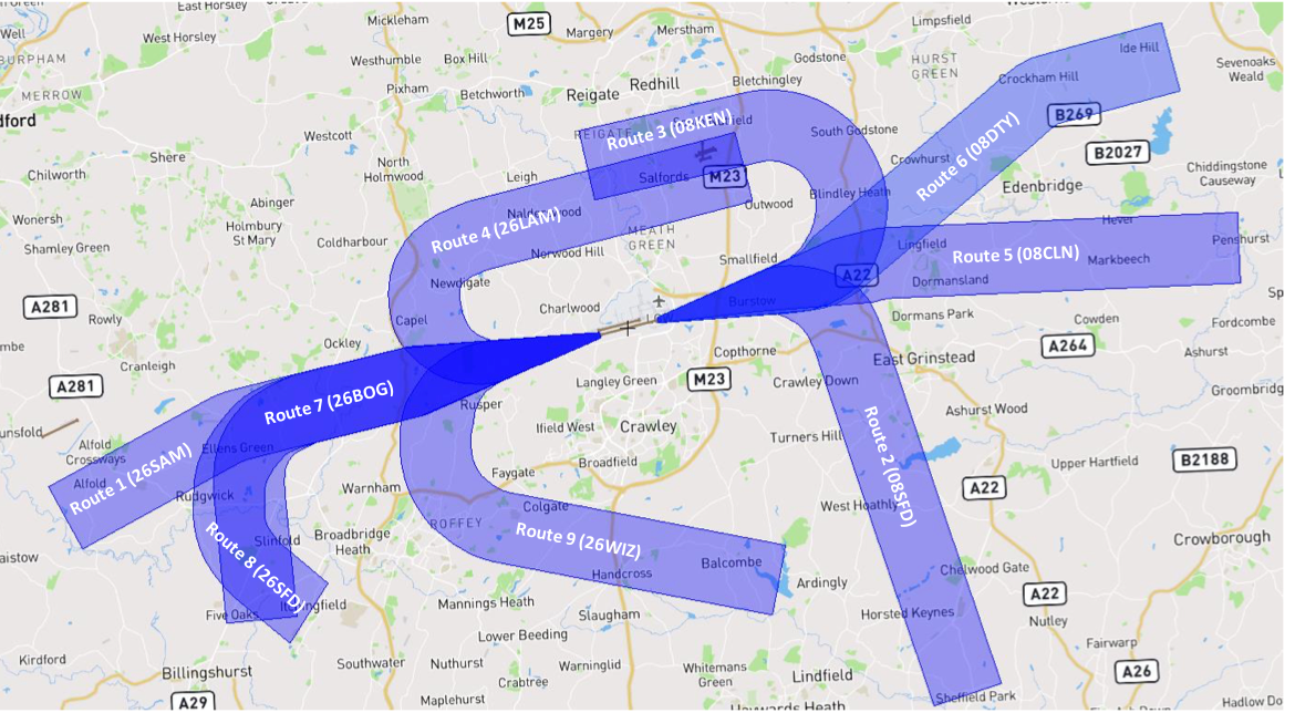 Current preferential routes to avoid noise disturbances from Gatwick airport (highlighted in purple)