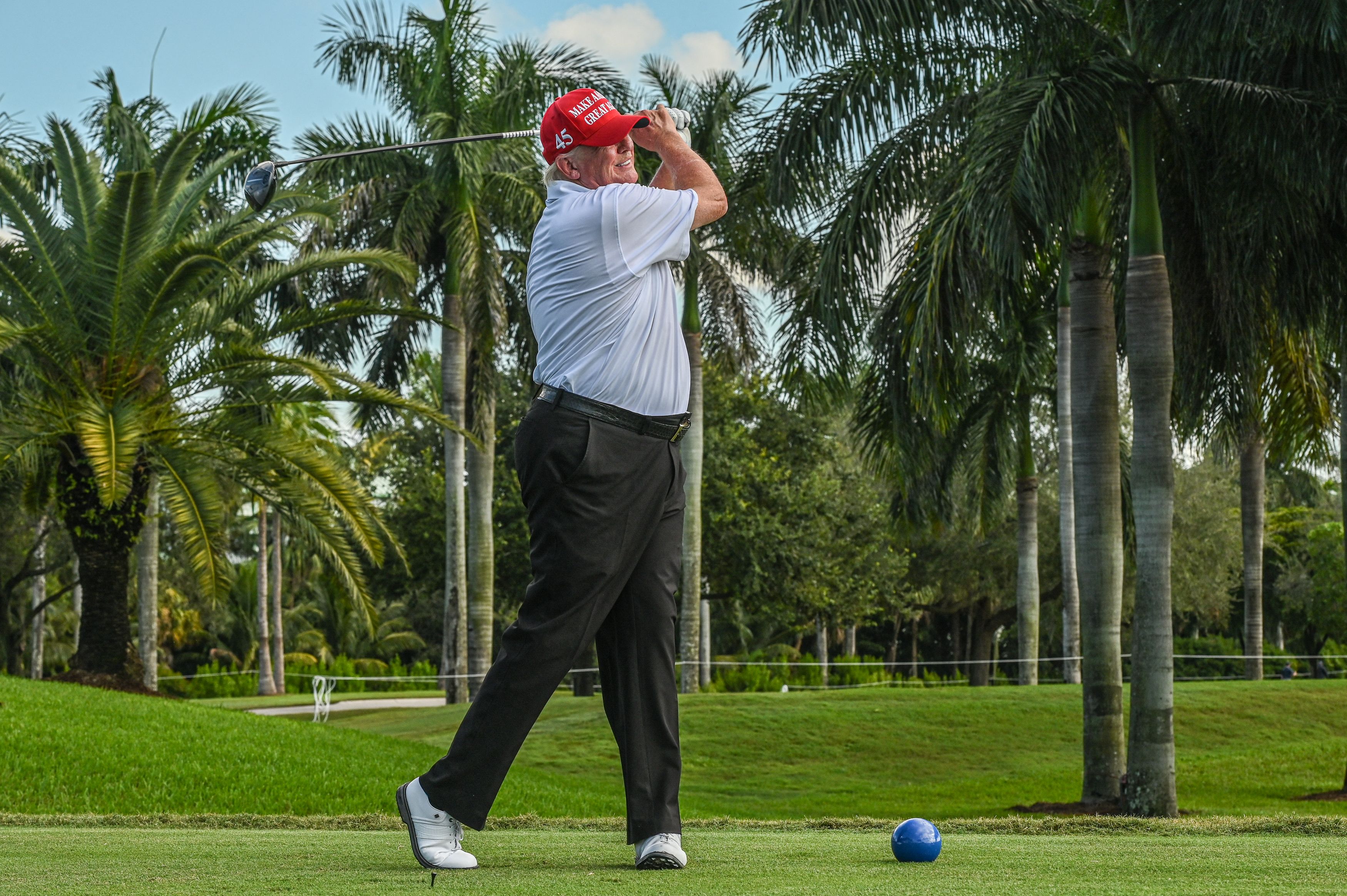 The President, pictured at Trump National Doral Miami golf club in 2022, was seen on the course on Monday