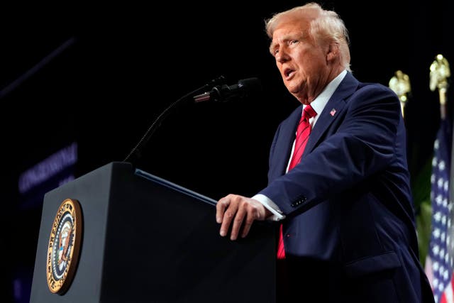 <p>President Donald Trump speaks at the 2025 House Republican Members Conference Dinner in Miami Monday</p>