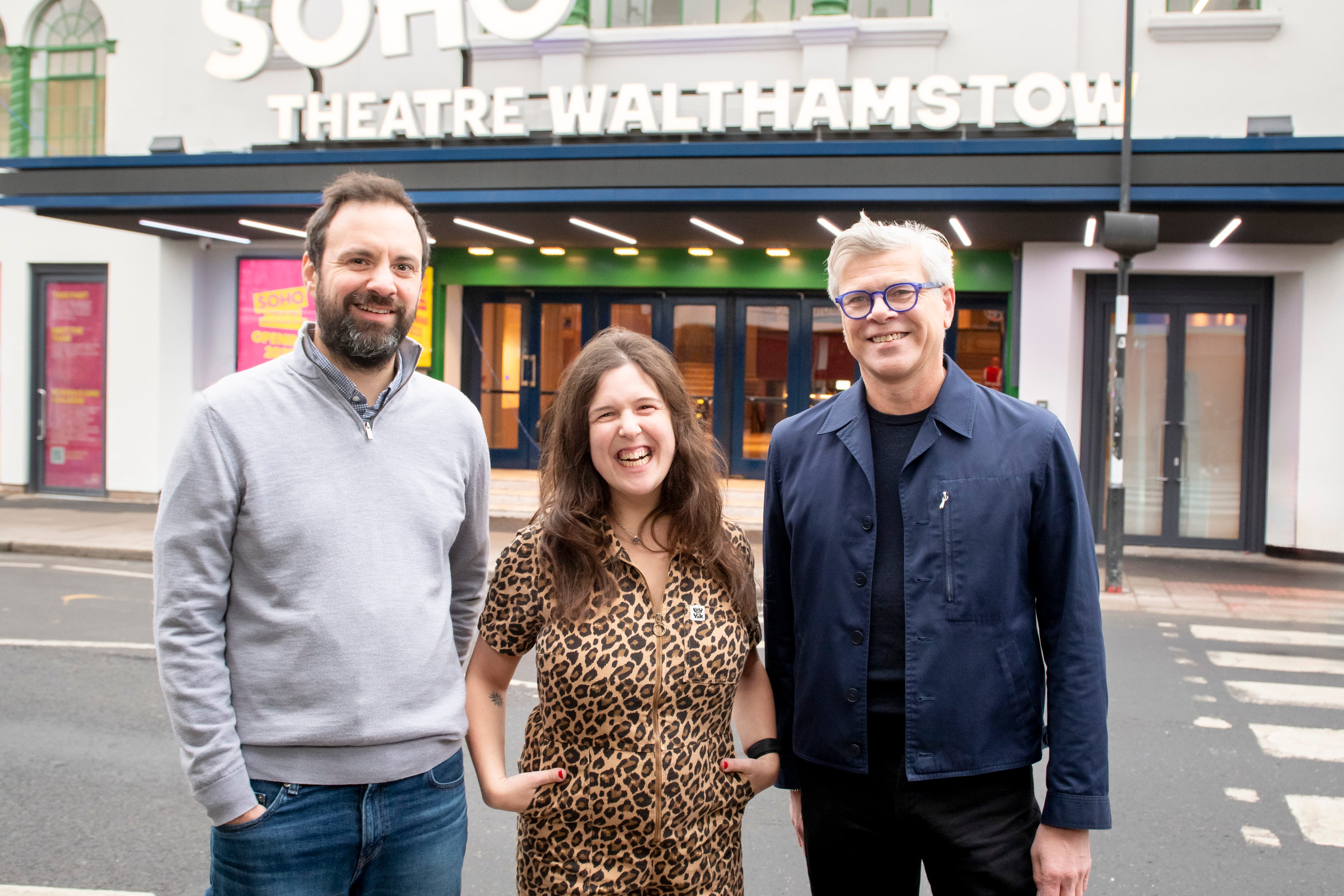 (From left to right) Co-director Sam Hansford, comedian Rosie Jones and co-director Mark Godfrey outside the new Soho Theatre Walthamstow (David Jensen/Soho Theatre Walthamstow/PA)