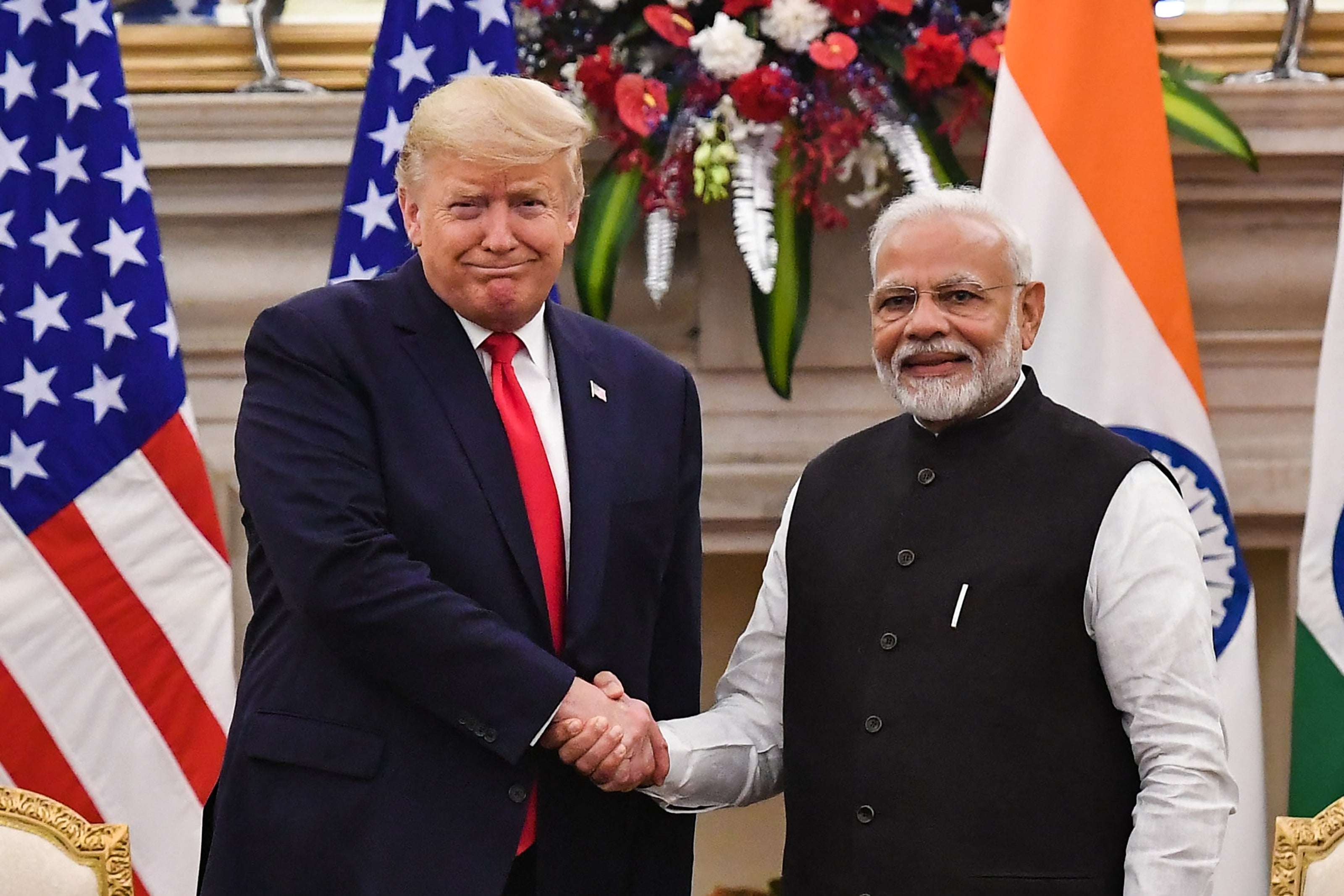 File: India’s prime minister Narendra Modi shakes hands with US president Donald Trump before a meeting at Hyderabad House in New Delhi on 25 February 2020