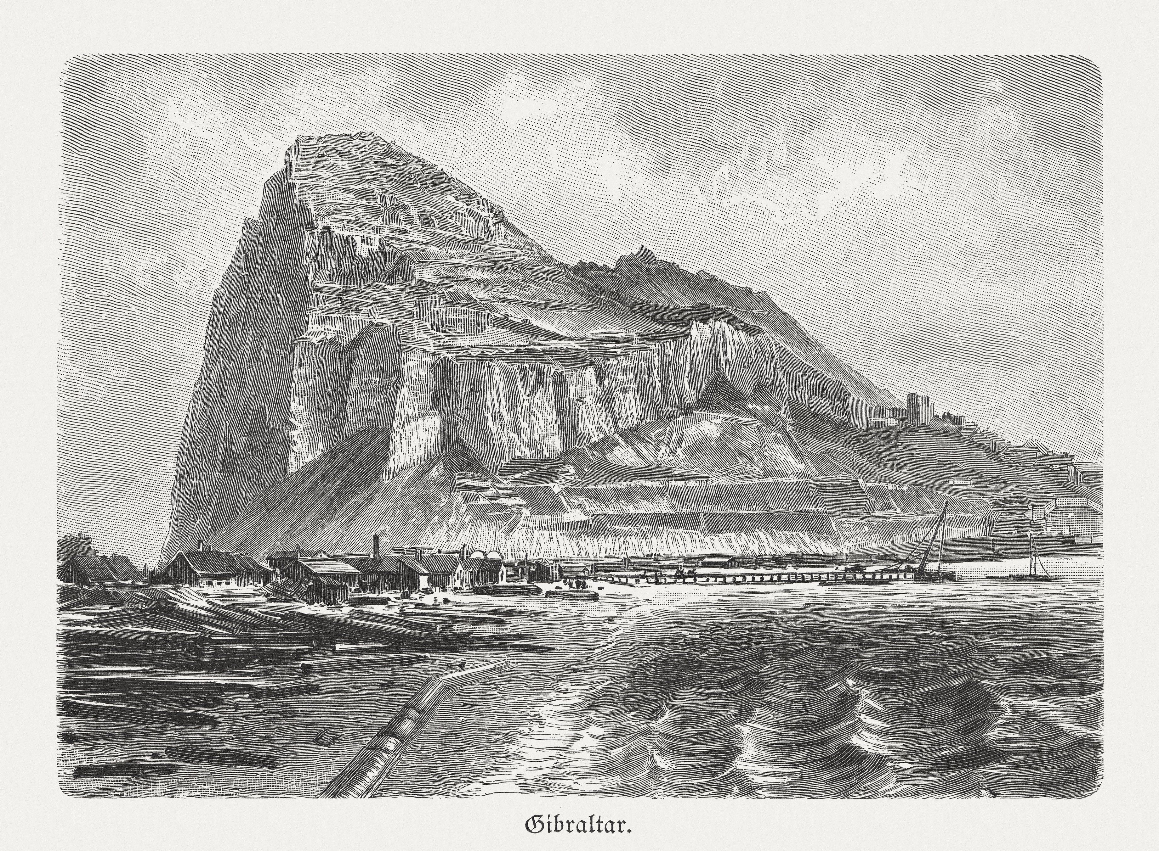 An 1897 wood engraving of the Rock of Gibraltar