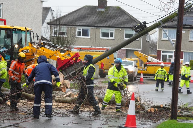 Workers clearing a fallen tree on Grove Park Drive in Dublin (Brian Lawless/PA)