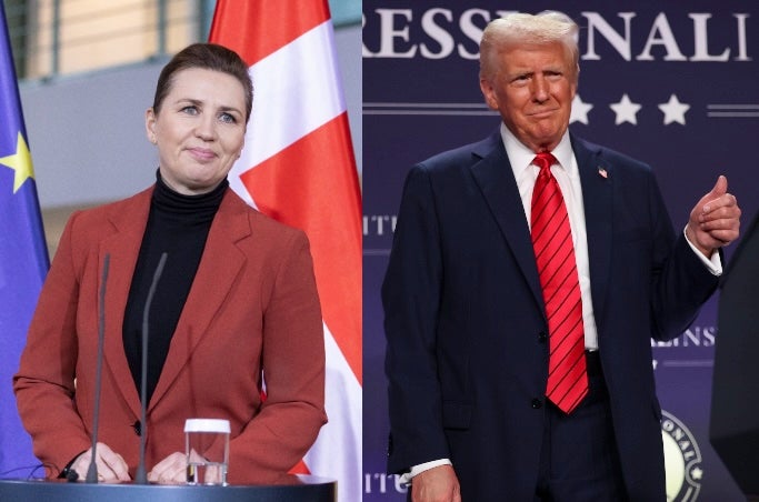 Danish Prime Minister Mette Frederiksen (left) speaks to reporters. Her country is set to raise its military spending in the Arctic - while U.S. President Donald Trump talks about acquiring Greenland