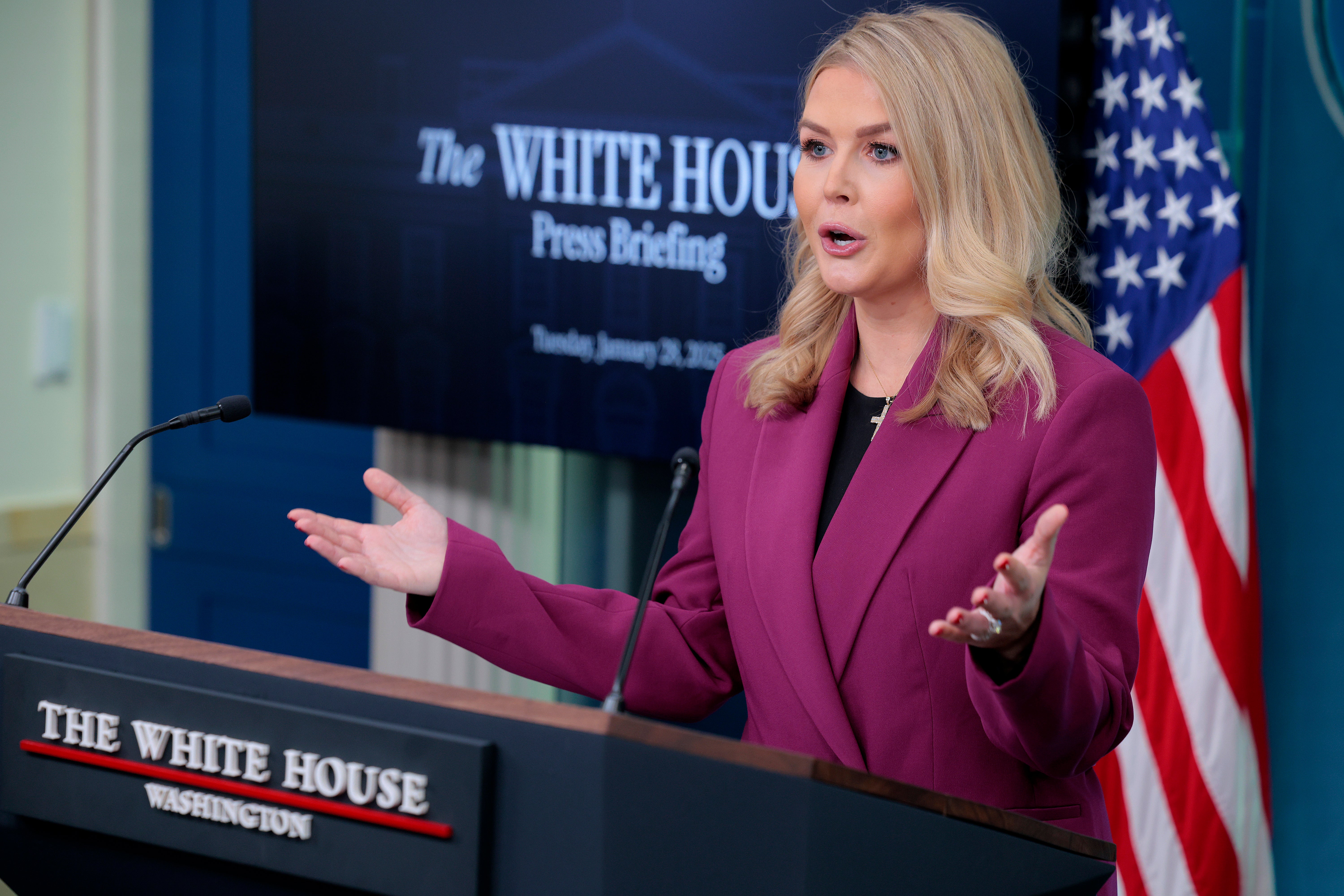 White House Press Secretary Karoline Leavitt holds her first news conference at the White House in Washington, D.C., on Tuesday. Leavitt blamed the Biden administration for the nation’s soaring price of eggs, but did not reference the role of bird flu