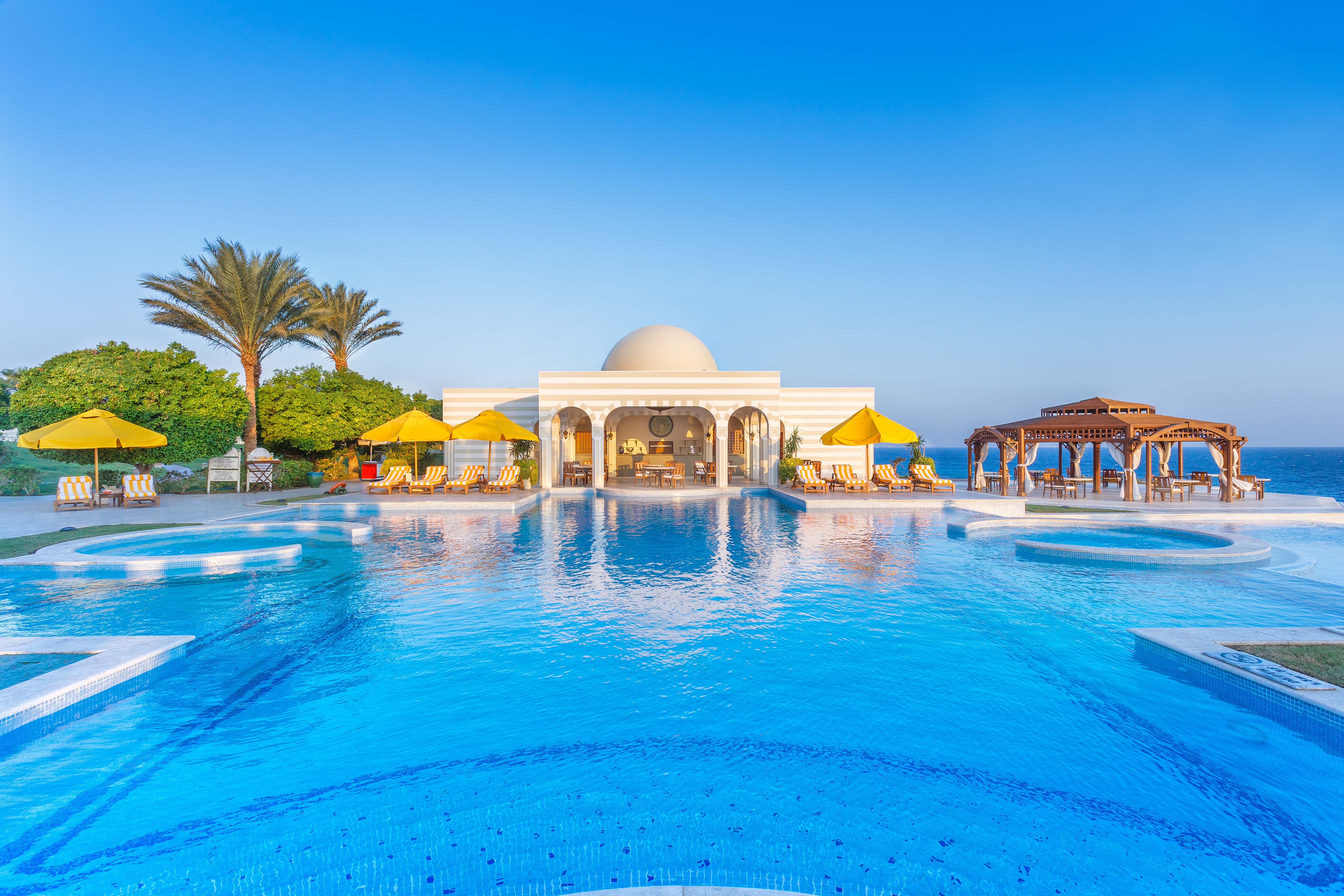 <p>The central multi-layered pool of The Oberoi Beach Resort in Egypt </p>