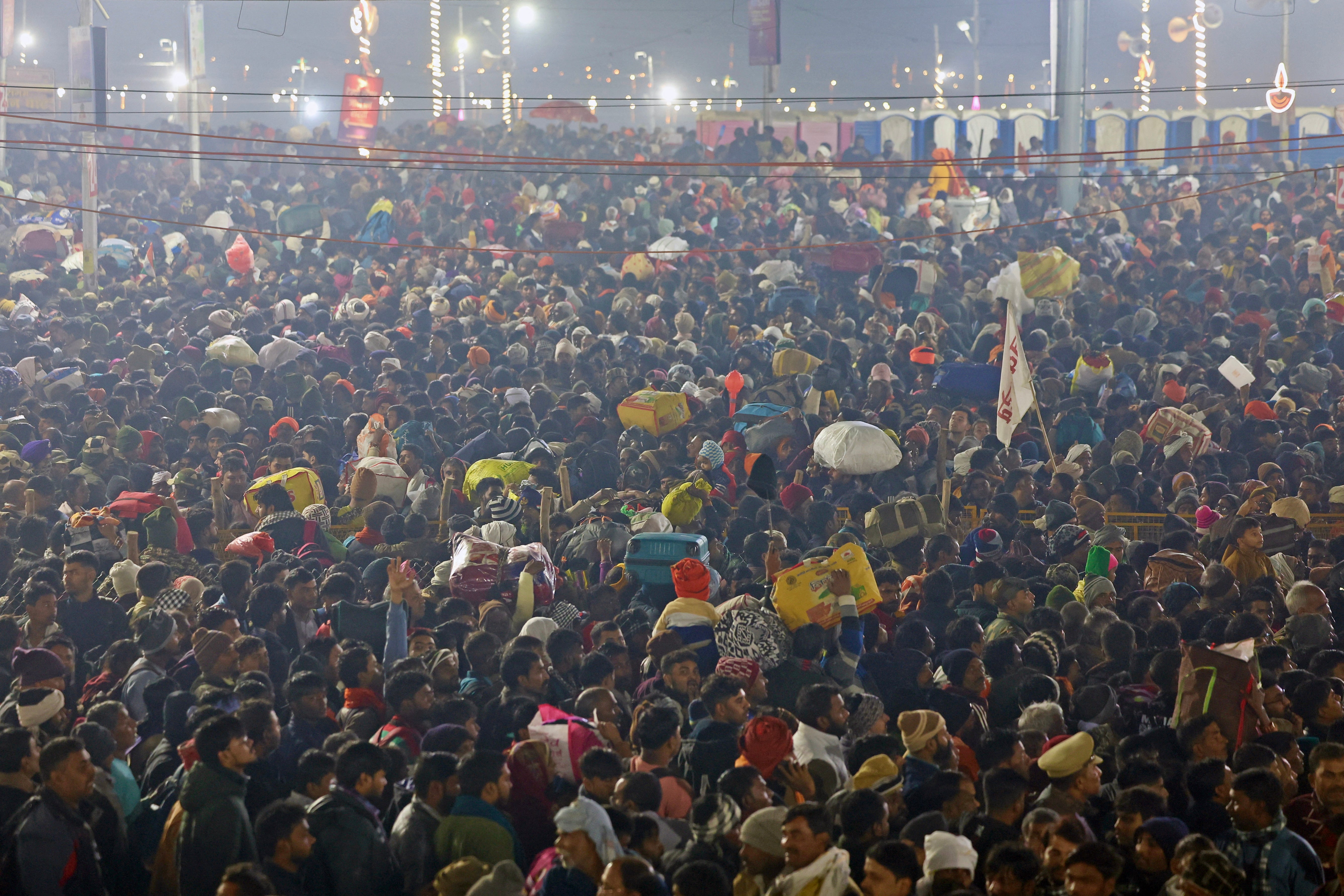 Pilgrims get  to instrumentality     a beatified  dip astatine  Sangam, the confluence of rivers Ganga and Yamuna, during the Maha Kumbh Mela festival successful  Prayagraj connected  29 January 2025