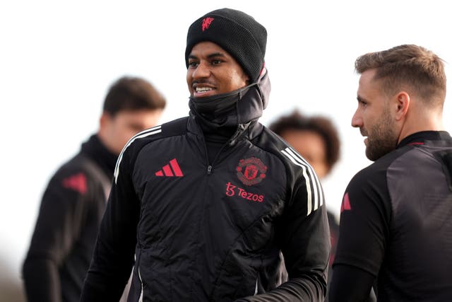 <p>Marcus Rashford and Luke Shaw during a Manchester United training session on Wednesday morning </p>