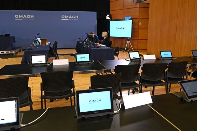 The hearing room at the Strule Arts Centre in Omagh, Co Tyrone, ahead of the first substantive hearing in the Omagh Bombing Inquiry, which will examine whether the atrocity could reasonably have been prevented by UK authorities (PA)