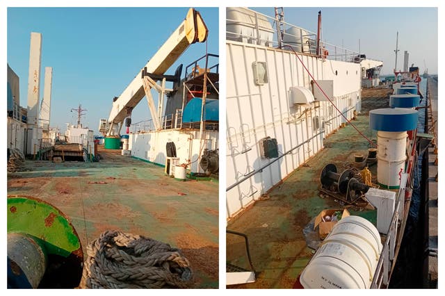 <p>A combination of photos provided by Abdul Nasser Saleh shows the deck of the cargo ship Al-Maha </p>
