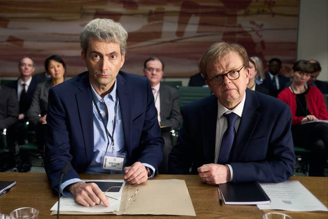 <p>Toby Jones (right) plays Alan Rusbridger in upcoming drama ‘The Hack’</p>