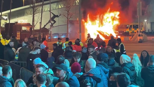 <p>Video: Fire engulfs kiosk outside Etihad ahead of Man City's Champions League clash.</p>