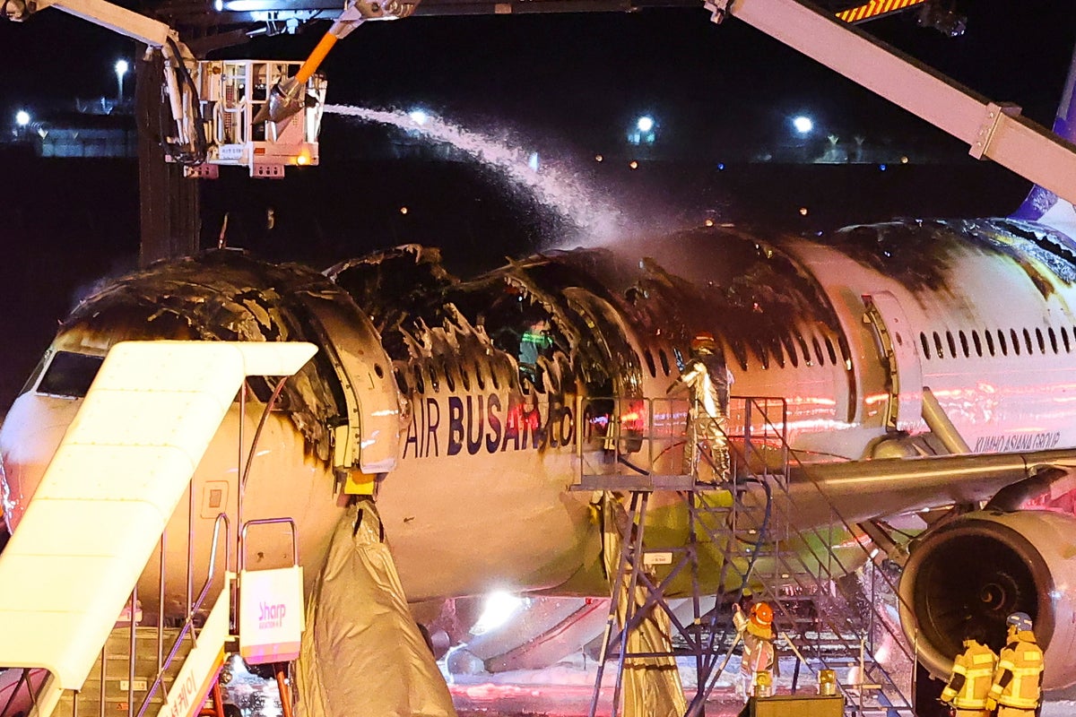 Air Busan Airbus charred by flames after aircraft catches fire before takeoff in South Korea